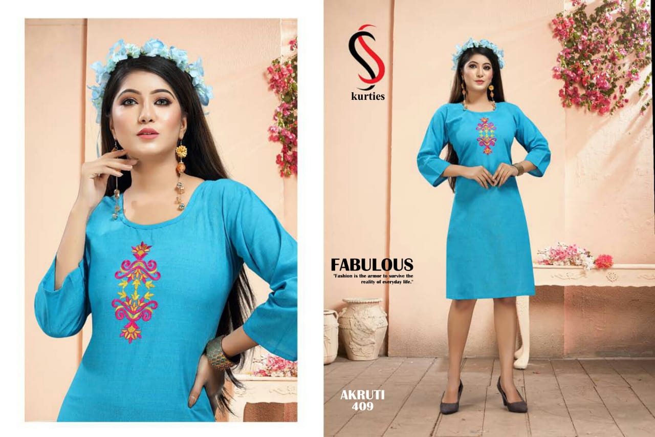 Ss Presents Akruti 4 Pure Cotton Self Embroidered Casual Kurtis