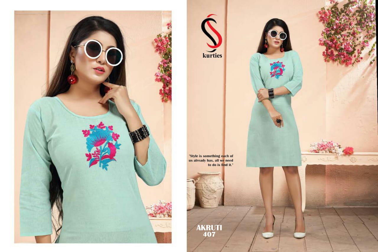 Ss Presents Akruti 4 Pure Cotton Self Embroidered Casual Kurtis