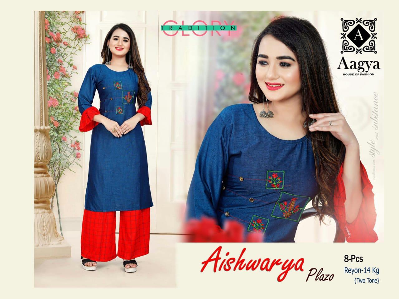 Aagya Presents Aishwarya Plazo Collection Of Heavy Rayon Stylish Kurti With Bottom