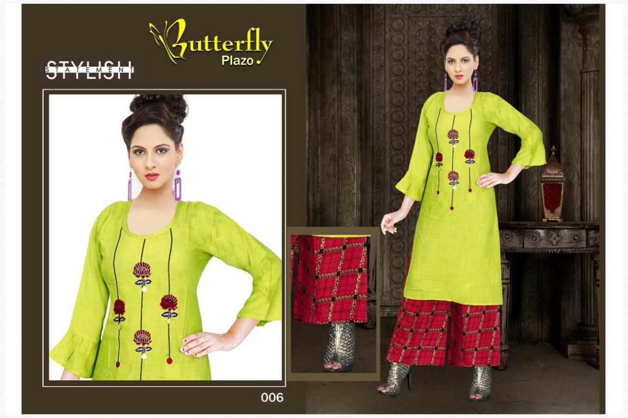 Aagya Presents Butterfly Plazo Collection Of Heavy Rayon Embroidered Kurti With Printed Plazo