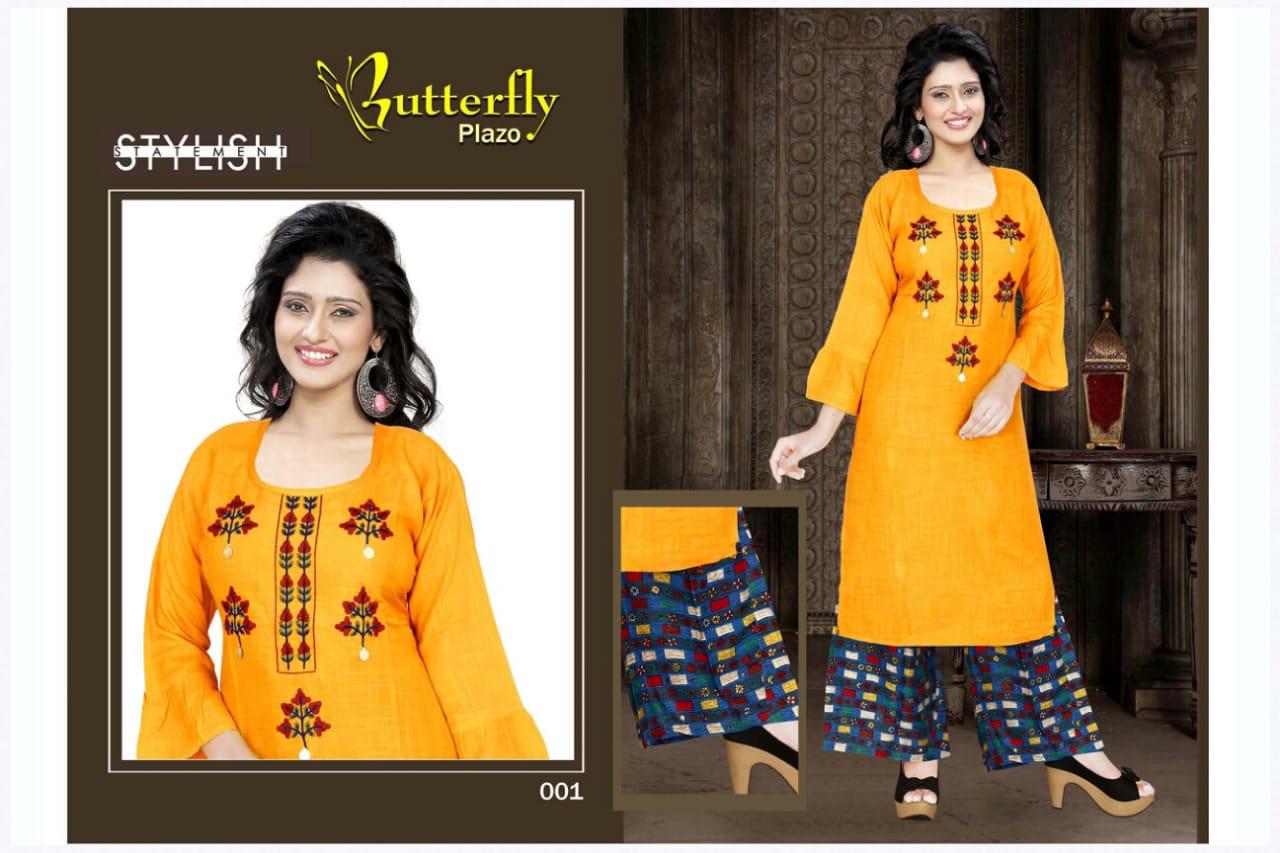 Aagya Presents Butterfly Plazo Collection Of Heavy Rayon Embroidered Kurti With Printed Plazo