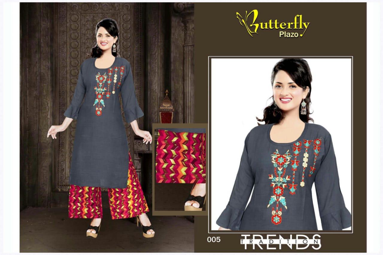 Aagya Presents Butterfly Plazo Collection Of Heavy Rayon Embroidered Kurti With Printed Plazo