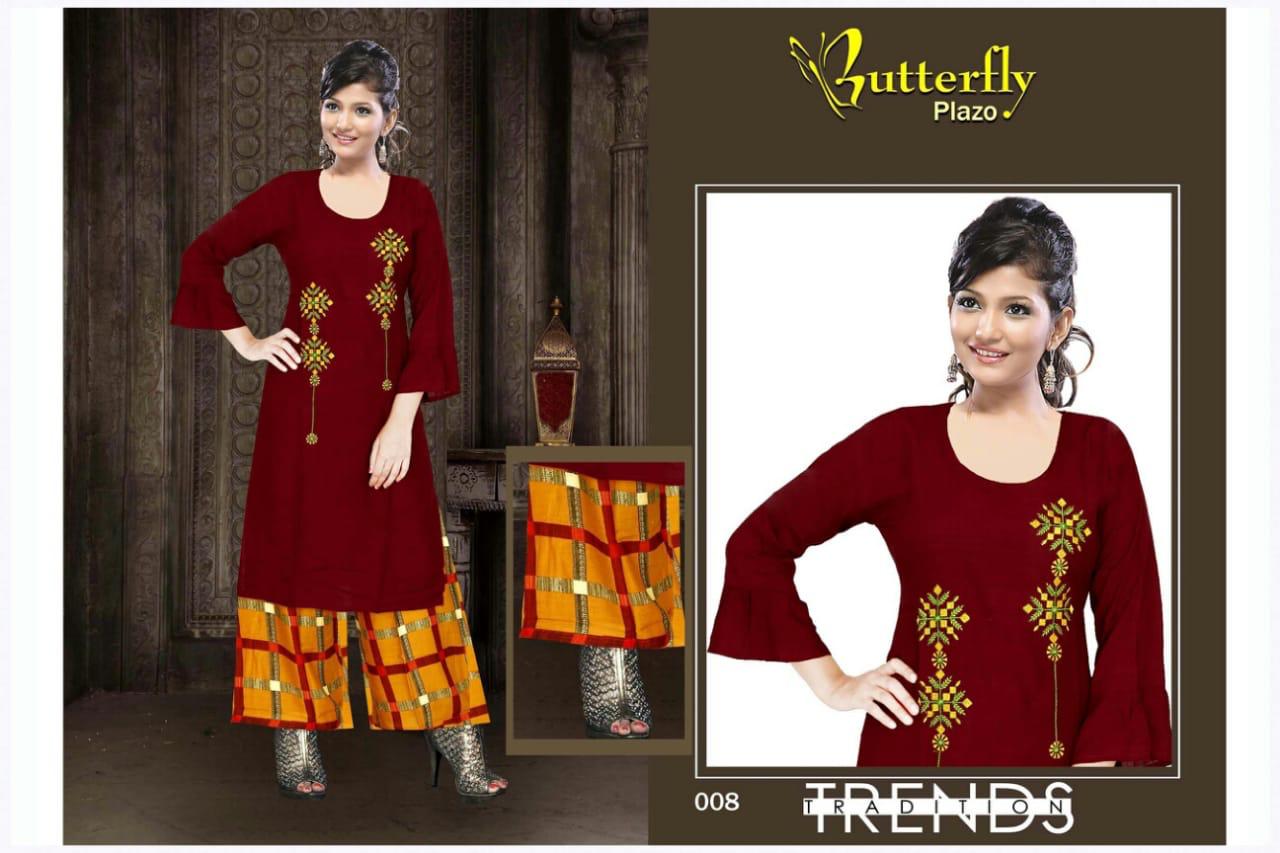 Aagya Presents Butterfly Plazo Collection Of Heavy Rayon Embroidered Kurti With Printed Plazo