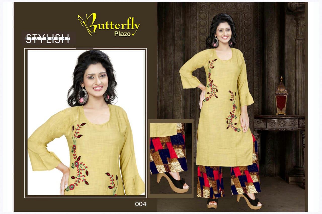 Aagya Presents Butterfly Plazo Collection Of Heavy Rayon Embroidered Kurti With Printed Plazo