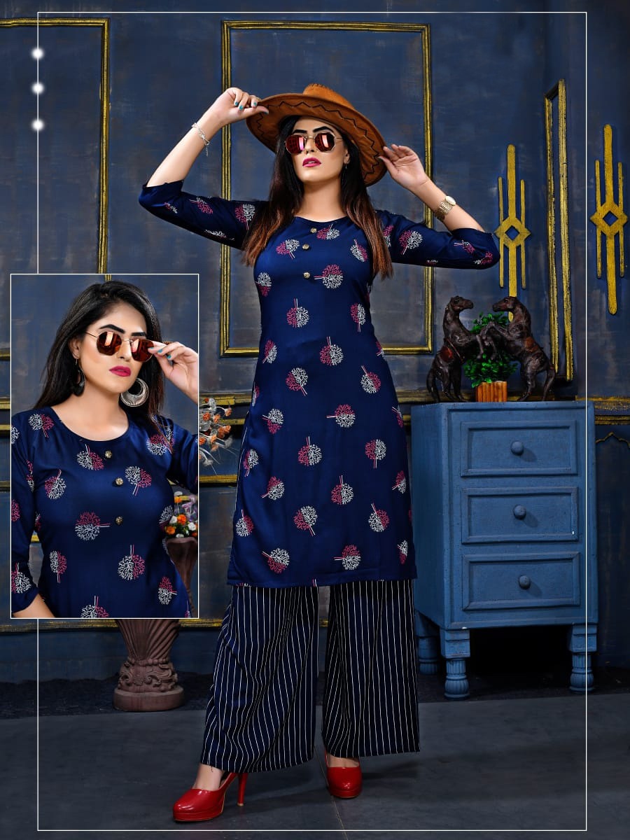 Fc Presents Kashish Collection Of Rayon Printed Kurti With Leheriya Printed Plazo