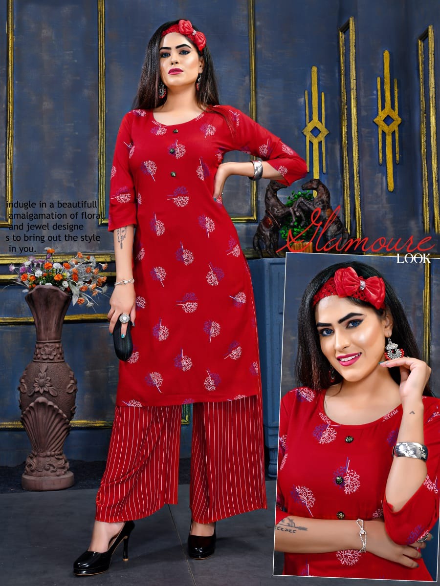 Fc Presents Kashish Collection Of Rayon Printed Kurti With Leheriya Printed Plazo