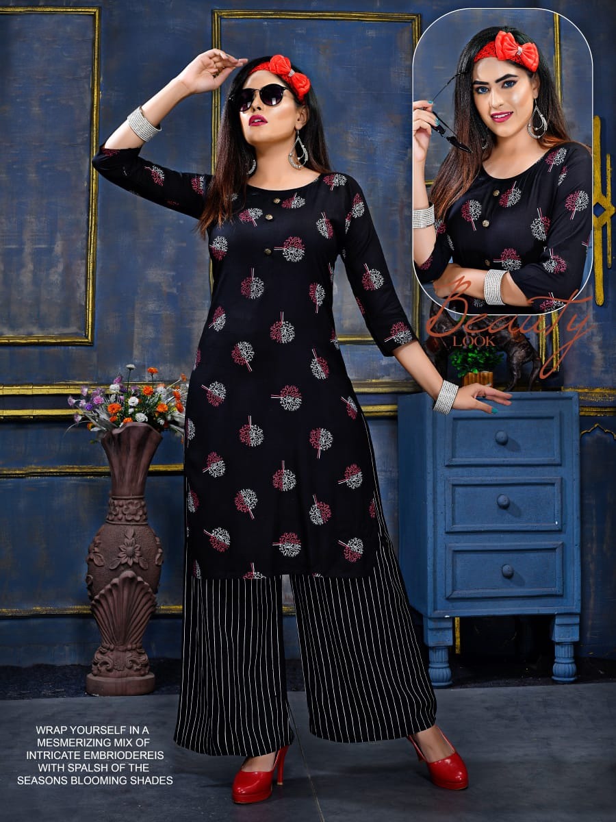 Fc Presents Kashish Collection Of Rayon Printed Kurti With Leheriya Printed Plazo