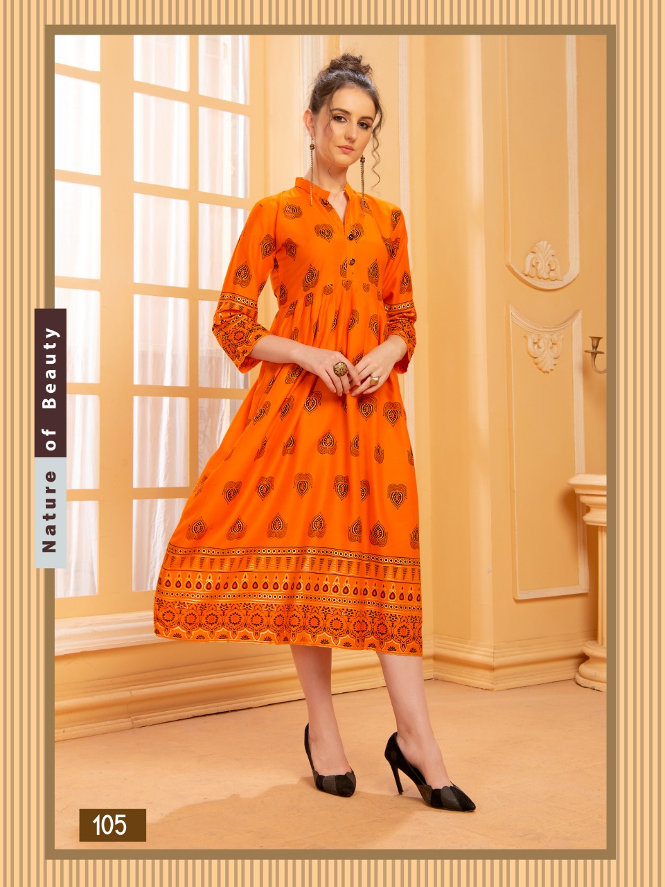 Ft Presents Mishikaa Collection Of Heavy Rayon Attractive Printed Pleated Round Flair Kurtis