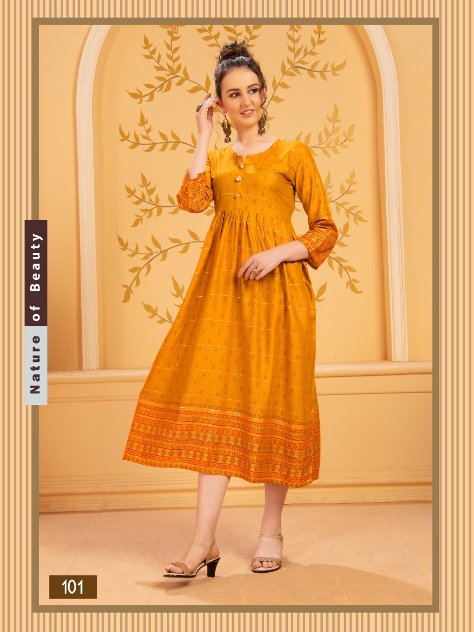 Ft Presents Mishikaa Collection Of Heavy Rayon Attractive Printed Pleated Round Flair Kurtis