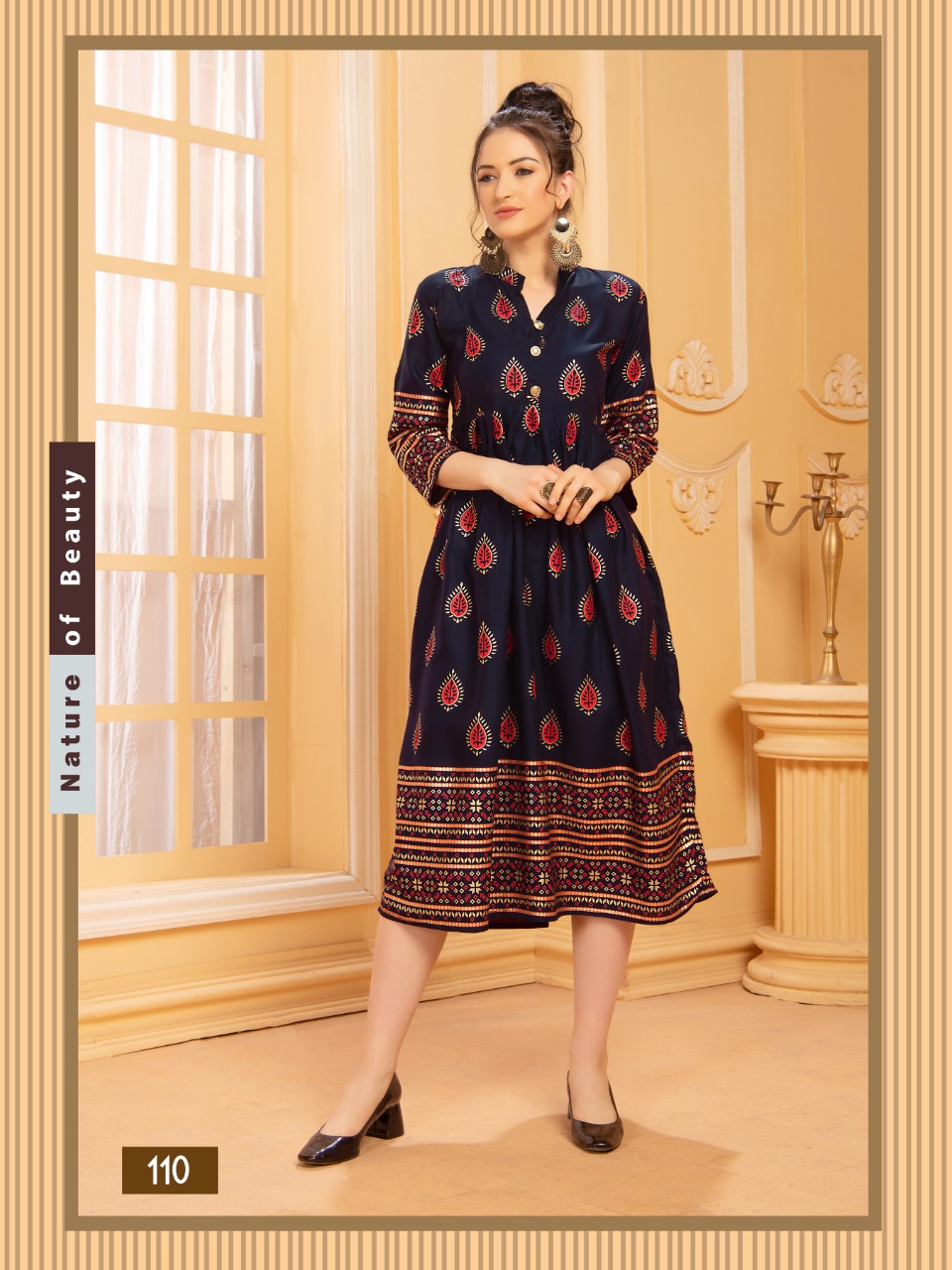 Ft Presents Mishikaa Collection Of Heavy Rayon Attractive Printed Pleated Round Flair Kurtis