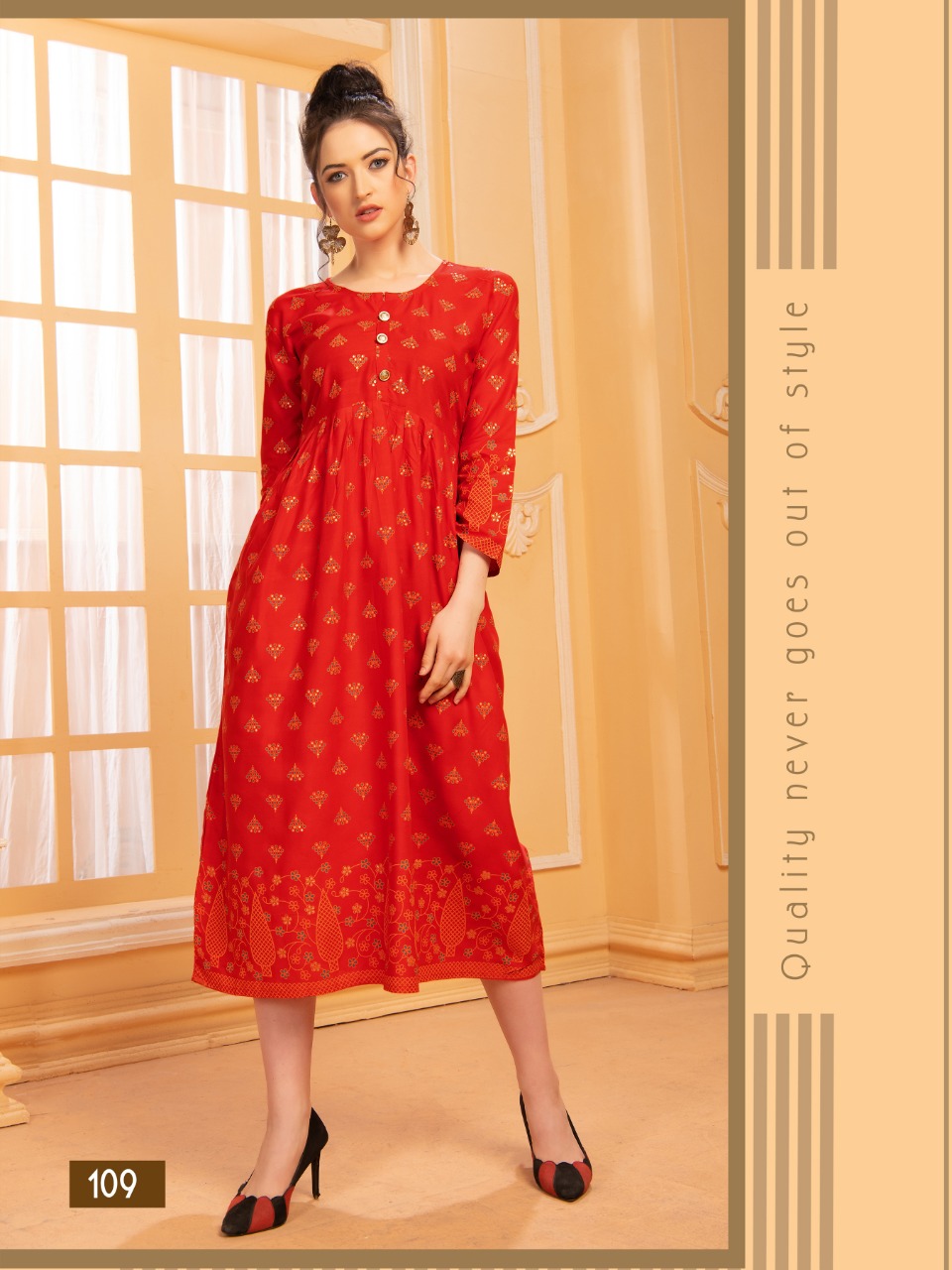 Ft Presents Mishikaa Collection Of Heavy Rayon Attractive Printed Pleated Round Flair Kurtis
