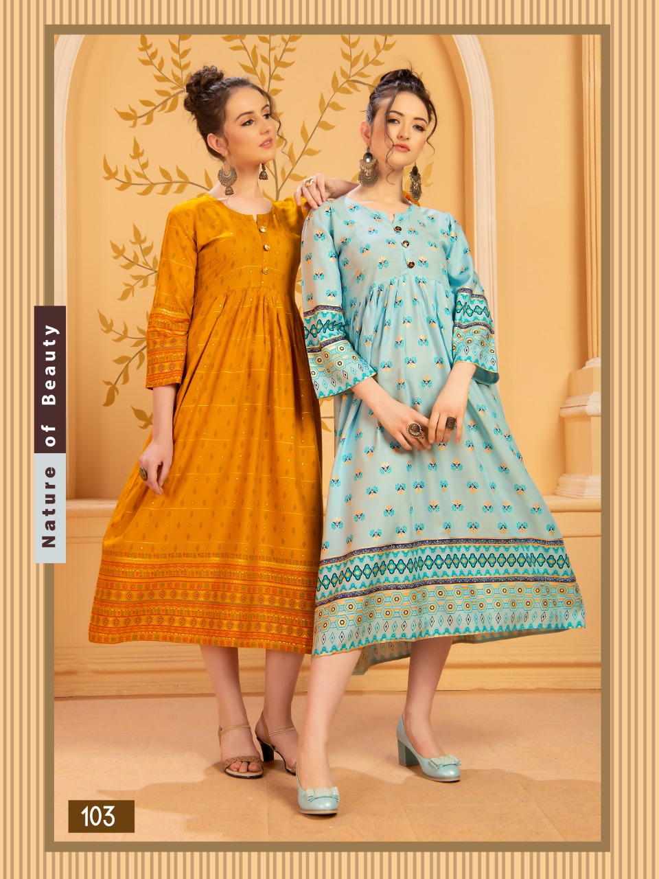 Ft Presents Mishikaa Collection Of Heavy Rayon Attractive Printed Pleated Round Flair Kurtis