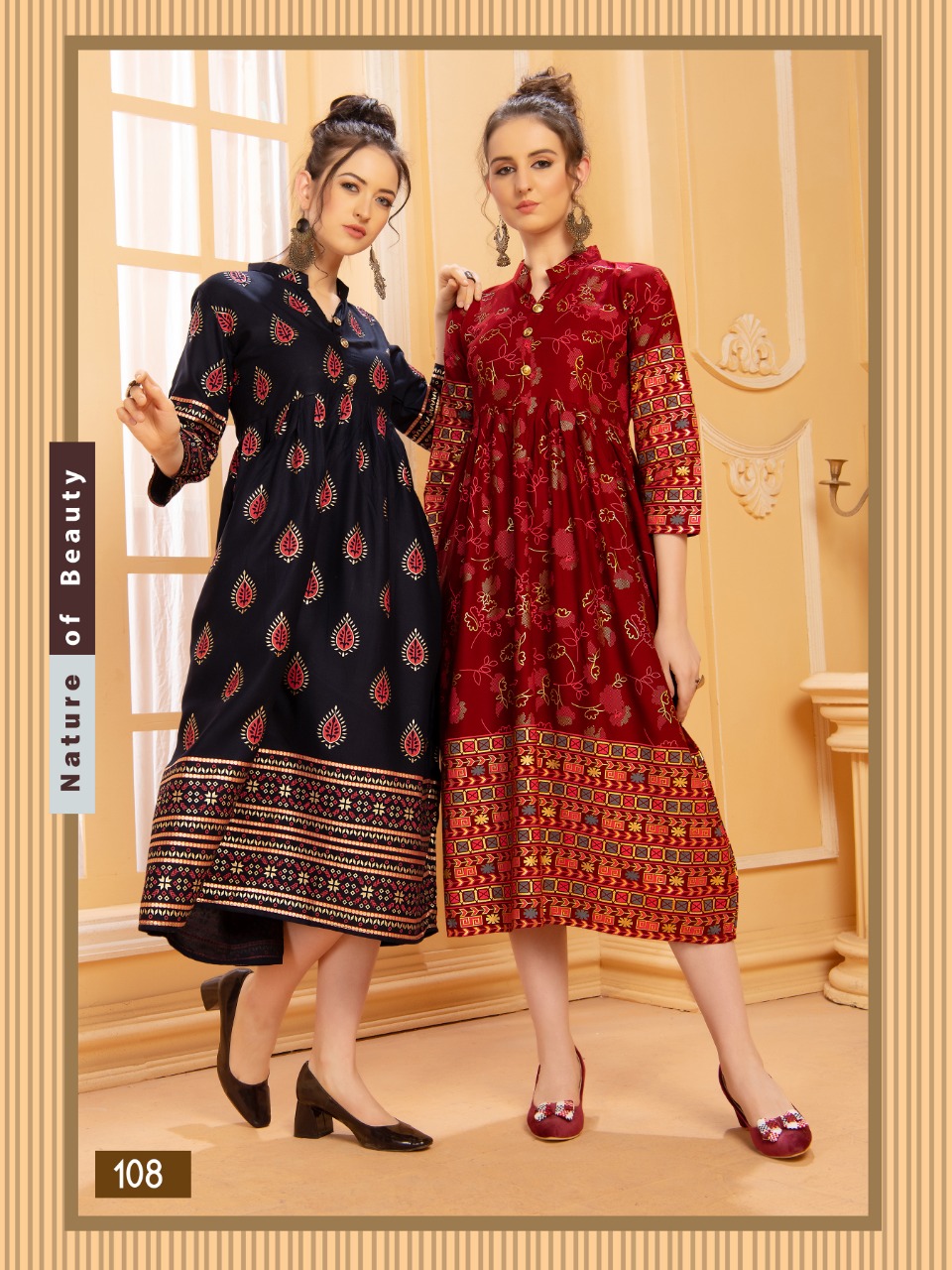 Ft Presents Mishikaa Collection Of Heavy Rayon Attractive Printed Pleated Round Flair Kurtis