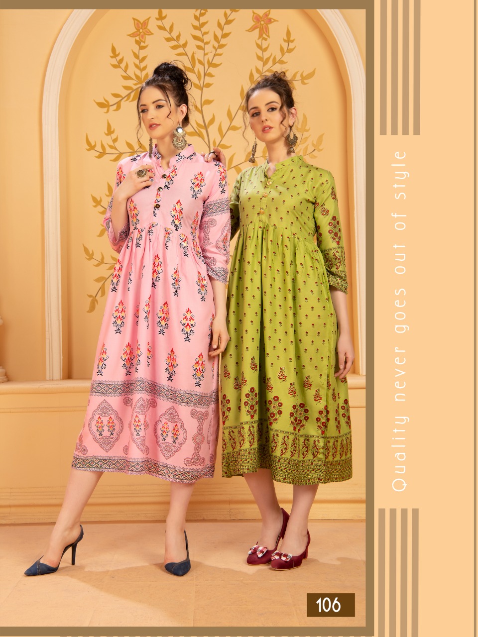 Ft Presents Mishikaa Collection Of Heavy Rayon Attractive Printed Pleated Round Flair Kurtis