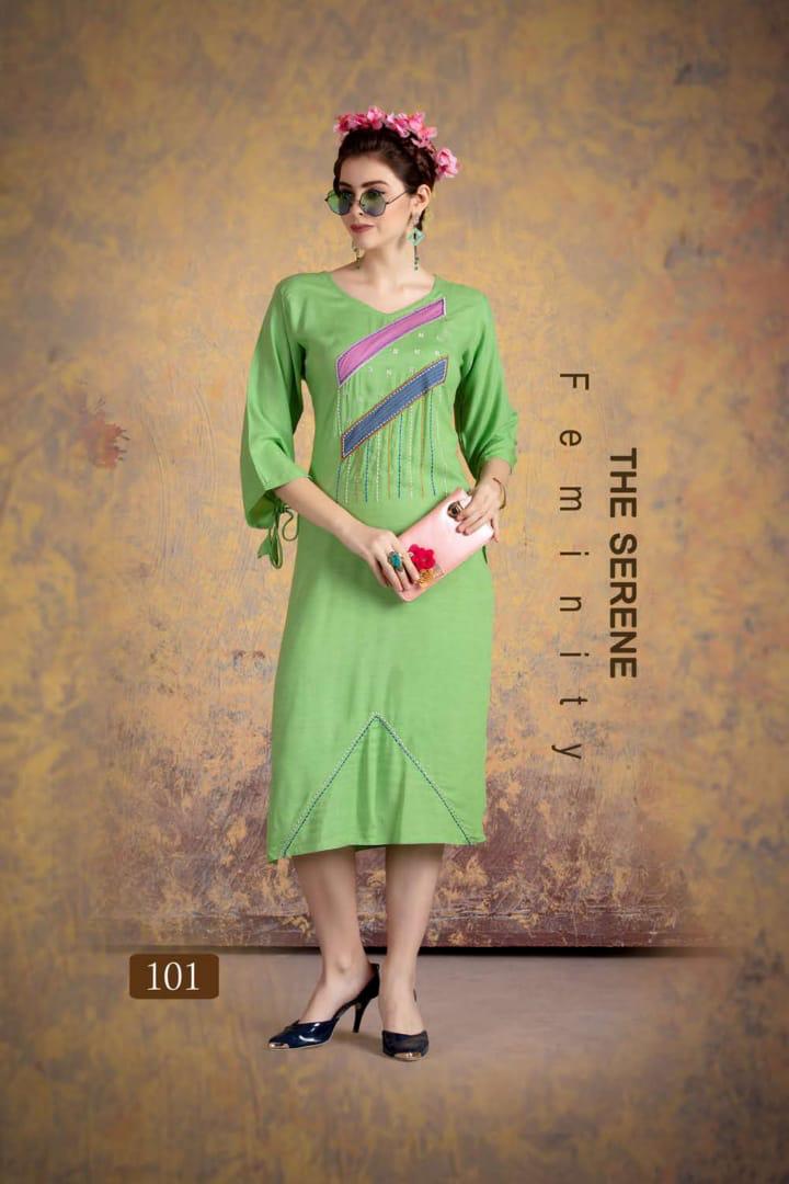 Ft Presents Myraa Collection Of Heavy Rayon Fancy Work Designer Kurtis