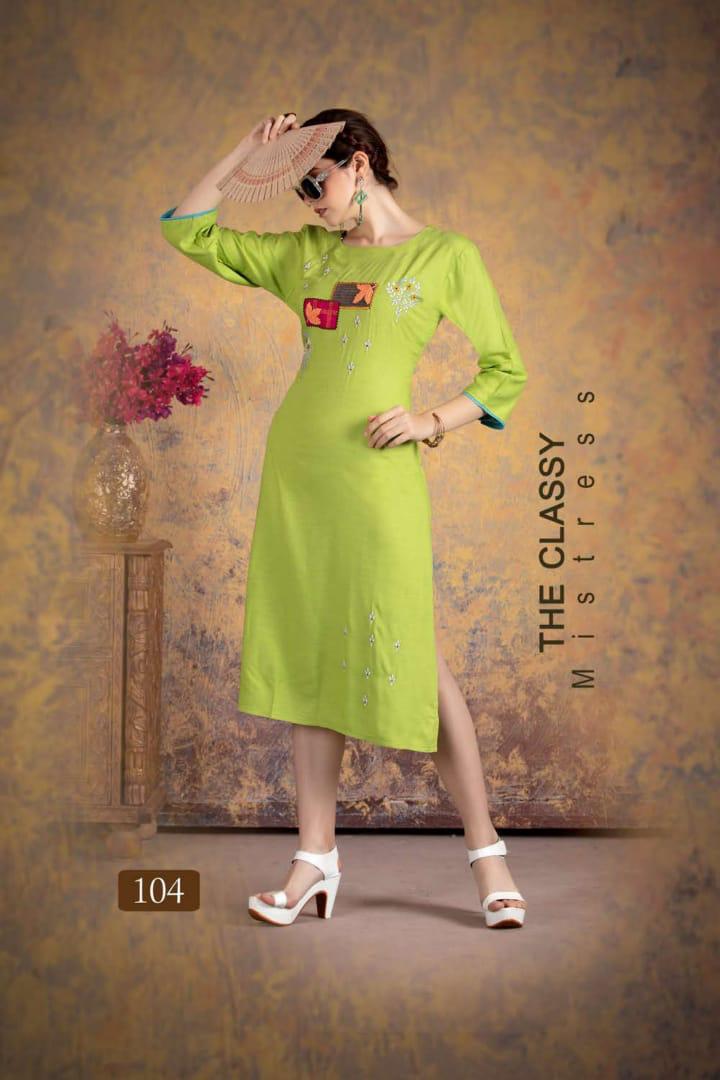 Ft Presents Myraa Collection Of Heavy Rayon Fancy Work Designer Kurtis