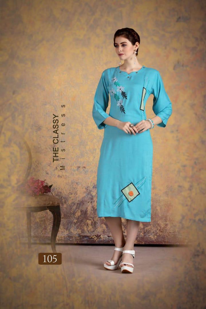 Ft Presents Myraa Collection Of Heavy Rayon Fancy Work Designer Kurtis