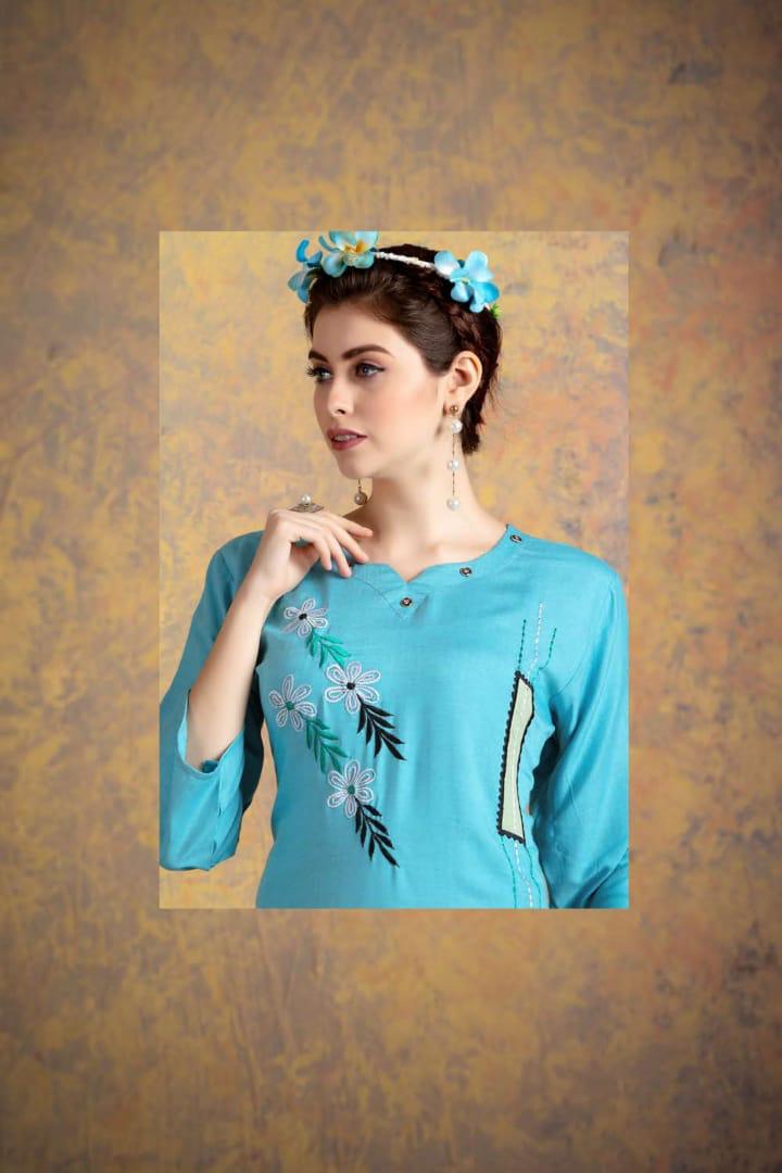 Ft Presents Myraa Collection Of Heavy Rayon Fancy Work Designer Kurtis