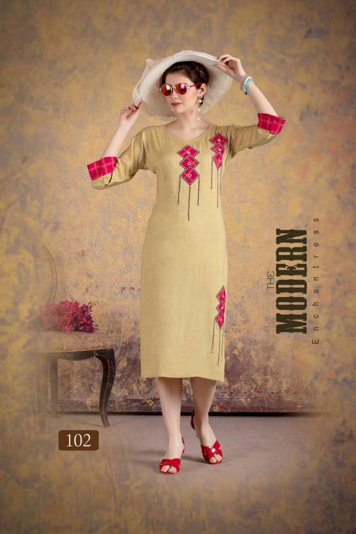 Ft Presents Myraa Collection Of Heavy Rayon Fancy Work Designer Kurtis