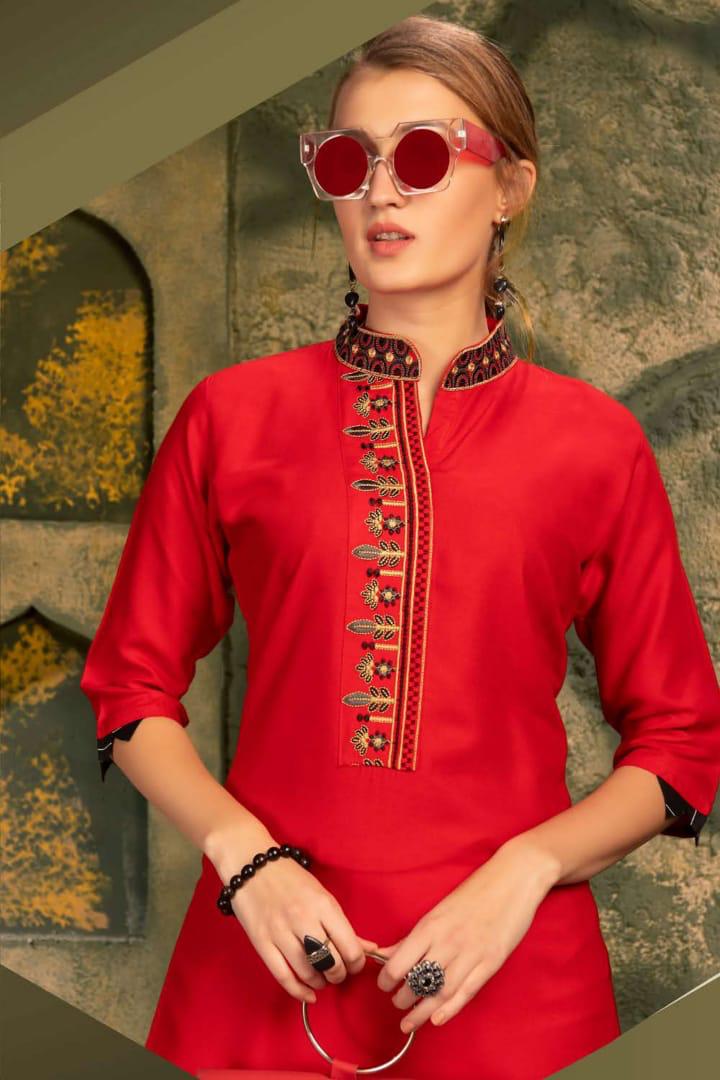 Ft Presents Soulmate Collection Of Heavy Rayon Stylish Embroidered Short Kurtis