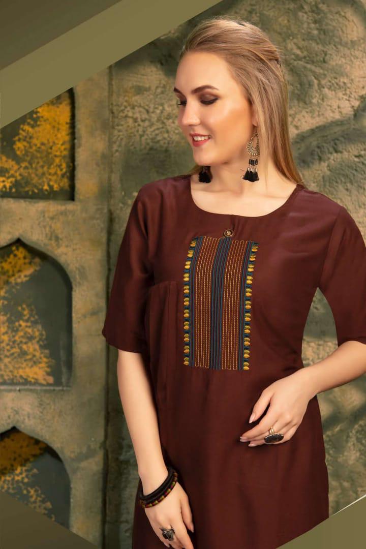 Ft Presents Soulmate Collection Of Heavy Rayon Stylish Embroidered Short Kurtis