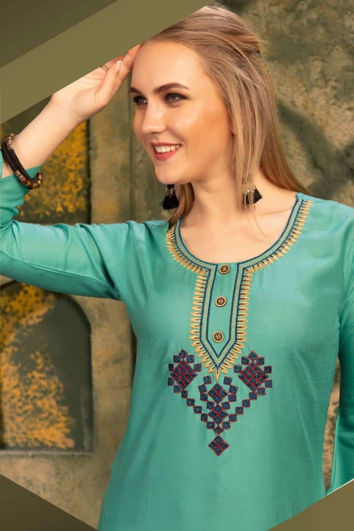 Ft Presents Soulmate Collection Of Heavy Rayon Stylish Embroidered Short Kurtis