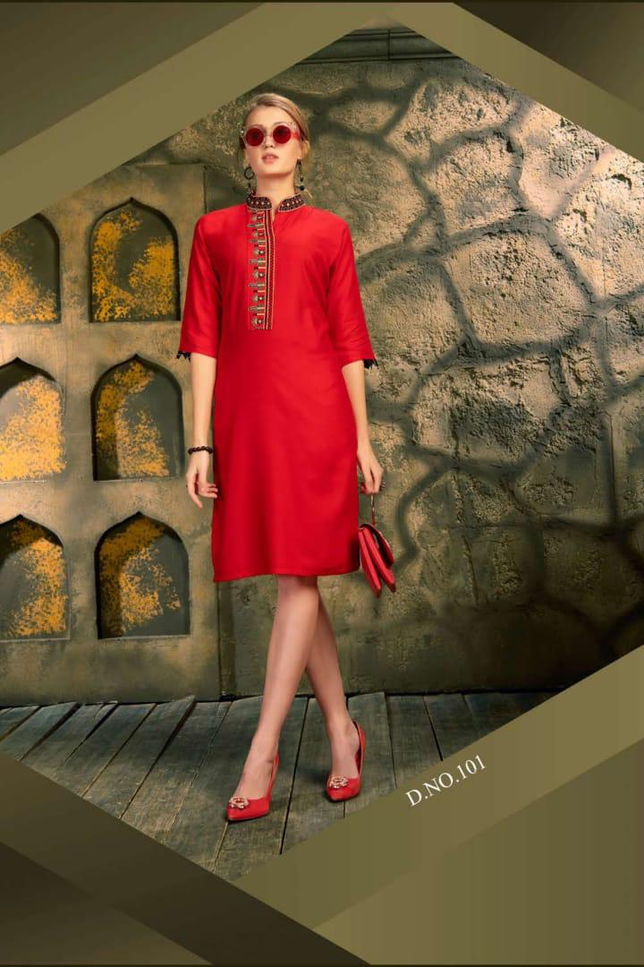 Ft Presents Soulmate Collection Of Heavy Rayon Stylish Embroidered Short Kurtis