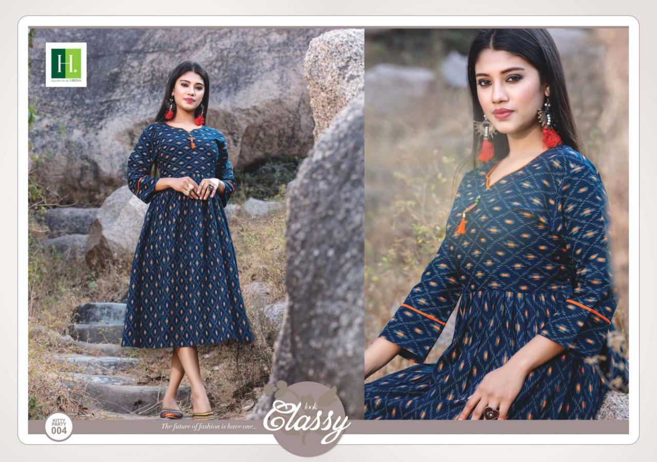 Hirwa Presents Kitty Party 5 Collection Of Cambric Cotton Ikkat Printed Pleated Round Kurtis