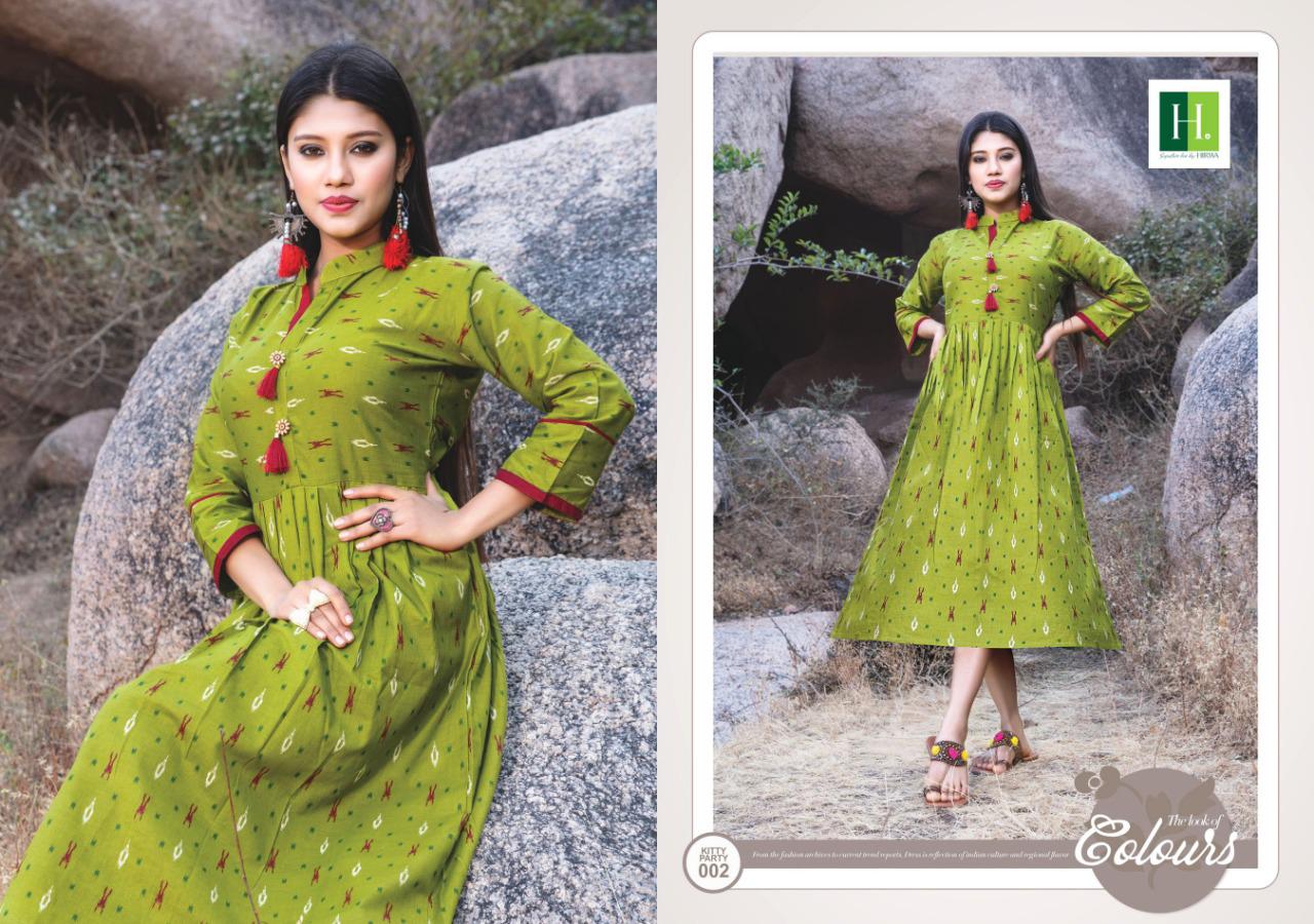 Hirwa Presents Kitty Party 5 Collection Of Cambric Cotton Ikkat Printed Pleated Round Kurtis