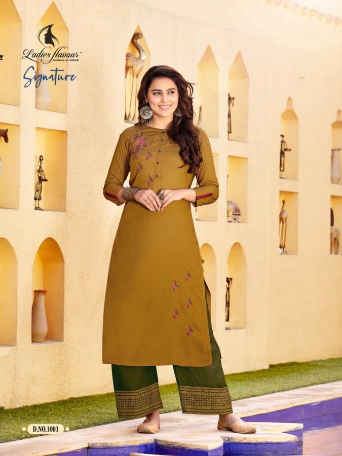 Ladies Flavour Presents Signature 2 Collection Of Heavy Rayon Embroidered Fancy Kurti With Bottom