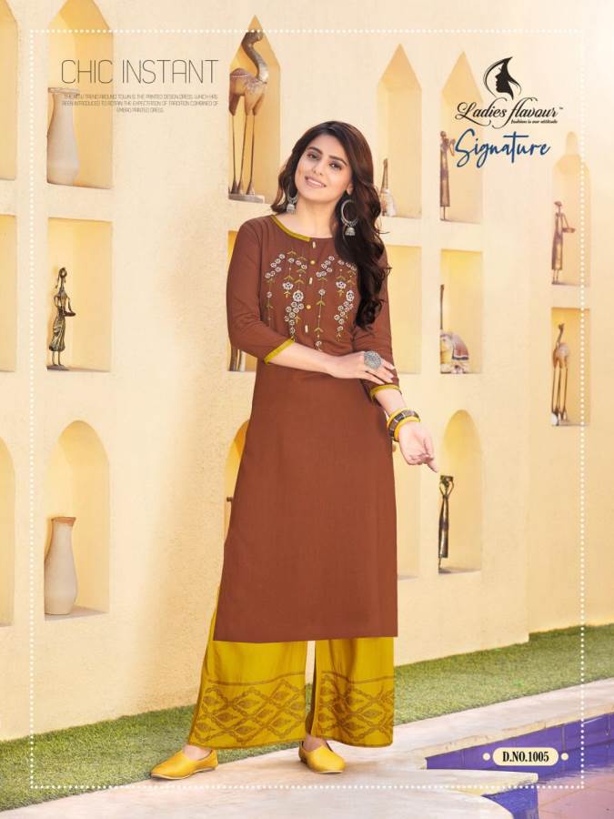 Ladies Flavour Presents Signature 2 Collection Of Heavy Rayon Embroidered Fancy Kurti With Bottom