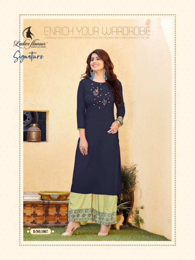 Ladies Flavour Presents Signature 2 Collection Of Heavy Rayon Embroidered Fancy Kurti With Bottom