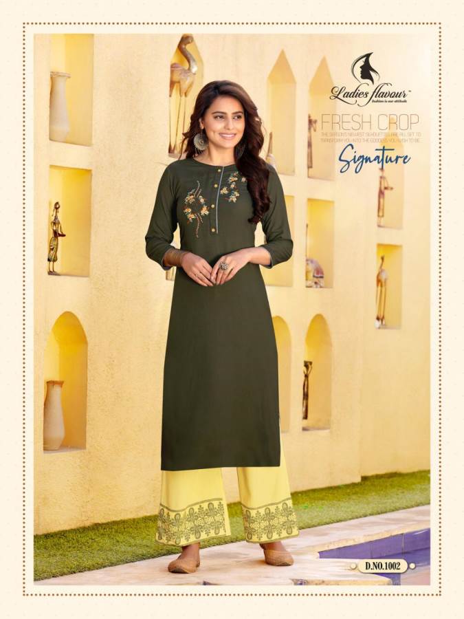 Ladies Flavour Presents Signature 2 Collection Of Heavy Rayon Embroidered Fancy Kurti With Bottom