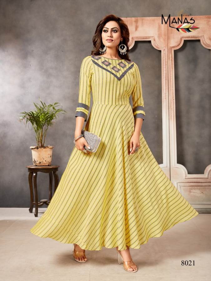 Manas Presents Classic 3 Collection Of Heavy Rayon Stripe Print & Embroidery Designer Kurtis
