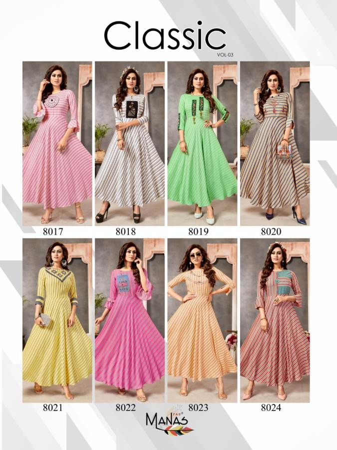 Manas Presents Classic 3 Collection Of Heavy Rayon Stripe Print & Embroidery Designer Kurtis