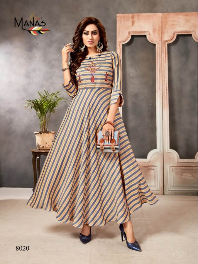 Manas Presents Classic 3 Collection Of Heavy Rayon Stripe Print & Embroidery Designer Kurtis