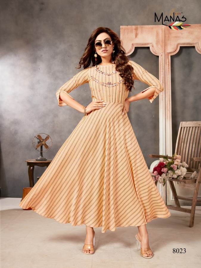 Manas Presents Classic 3 Collection Of Heavy Rayon Stripe Print & Embroidery Designer Kurtis