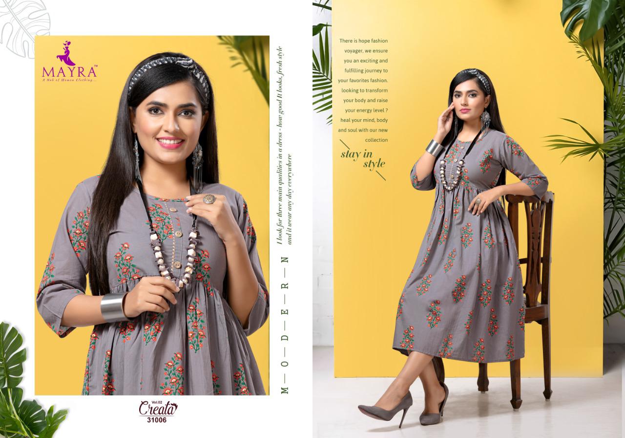 Mayra Presents Creata 2 Collection Of Cambric Cotton Gold Printed Round Flair Casual Kurtis