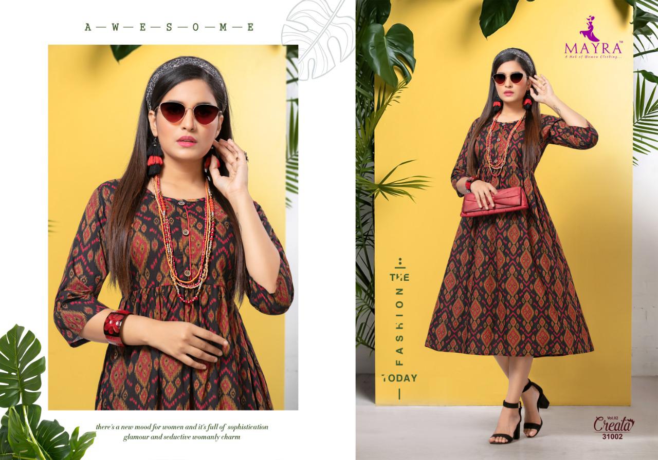 Mayra Presents Creata 2 Collection Of Cambric Cotton Gold Printed Round Flair Casual Kurtis
