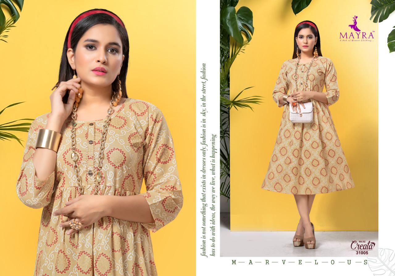 Mayra Presents Creata 2 Collection Of Cambric Cotton Gold Printed Round Flair Casual Kurtis