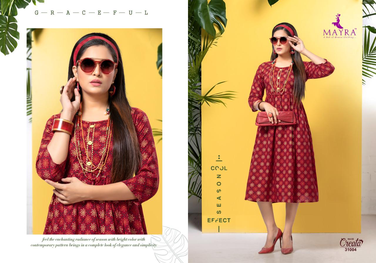 Mayra Presents Creata 2 Collection Of Cambric Cotton Gold Printed Round Flair Casual Kurtis