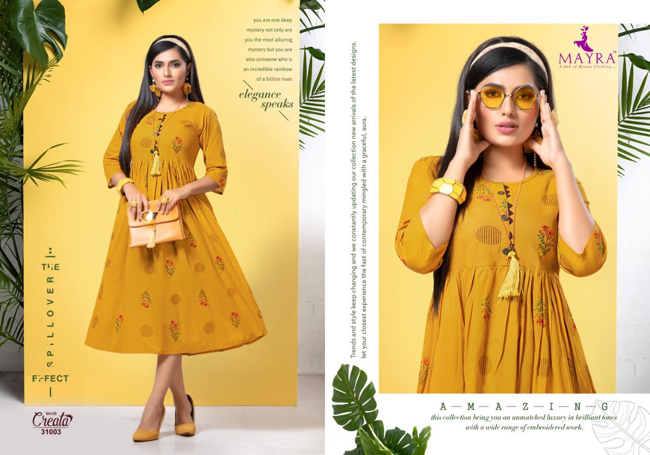Mayra Presents Creata 2 Collection Of Cambric Cotton Gold Printed Round Flair Casual Kurtis