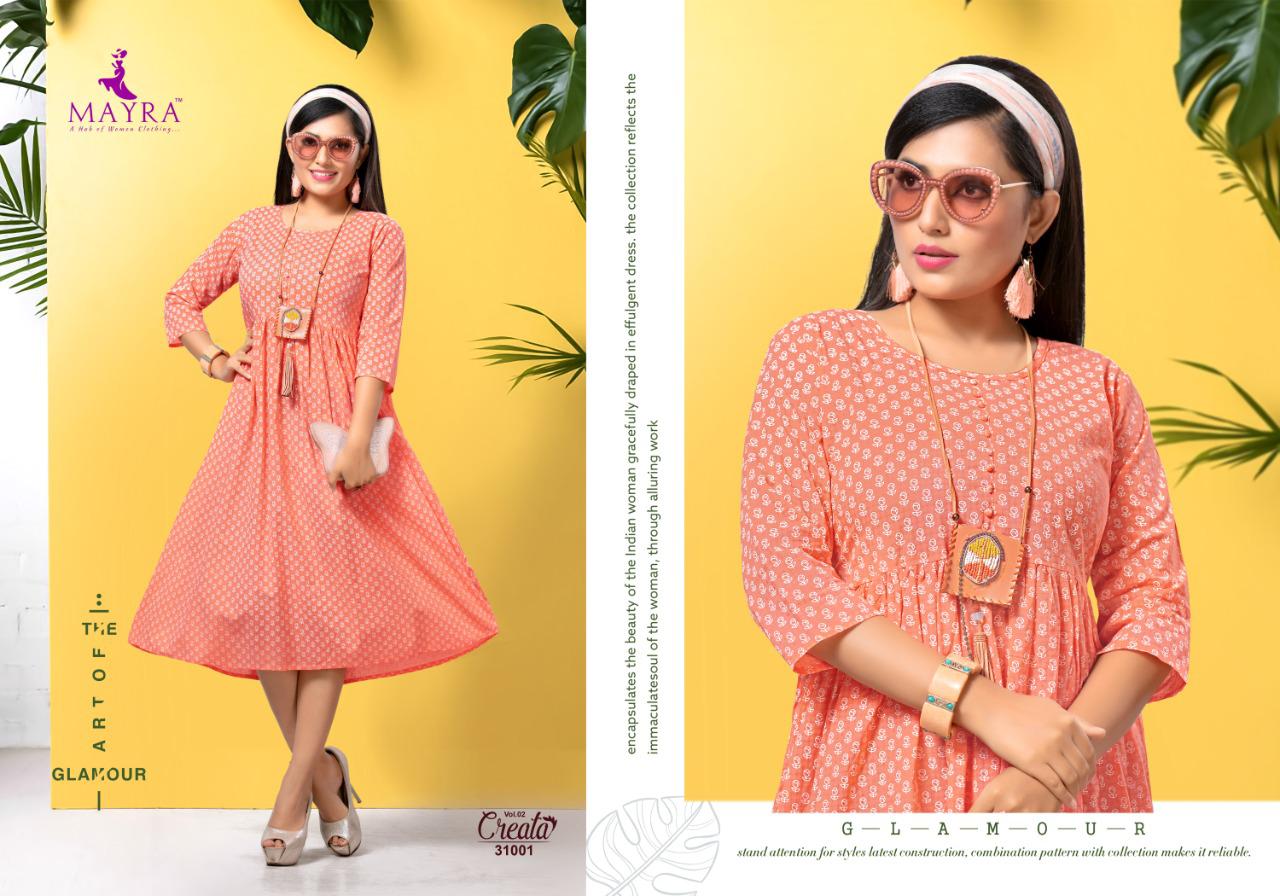 Mayra Presents Creata 2 Collection Of Cambric Cotton Gold Printed Round Flair Casual Kurtis