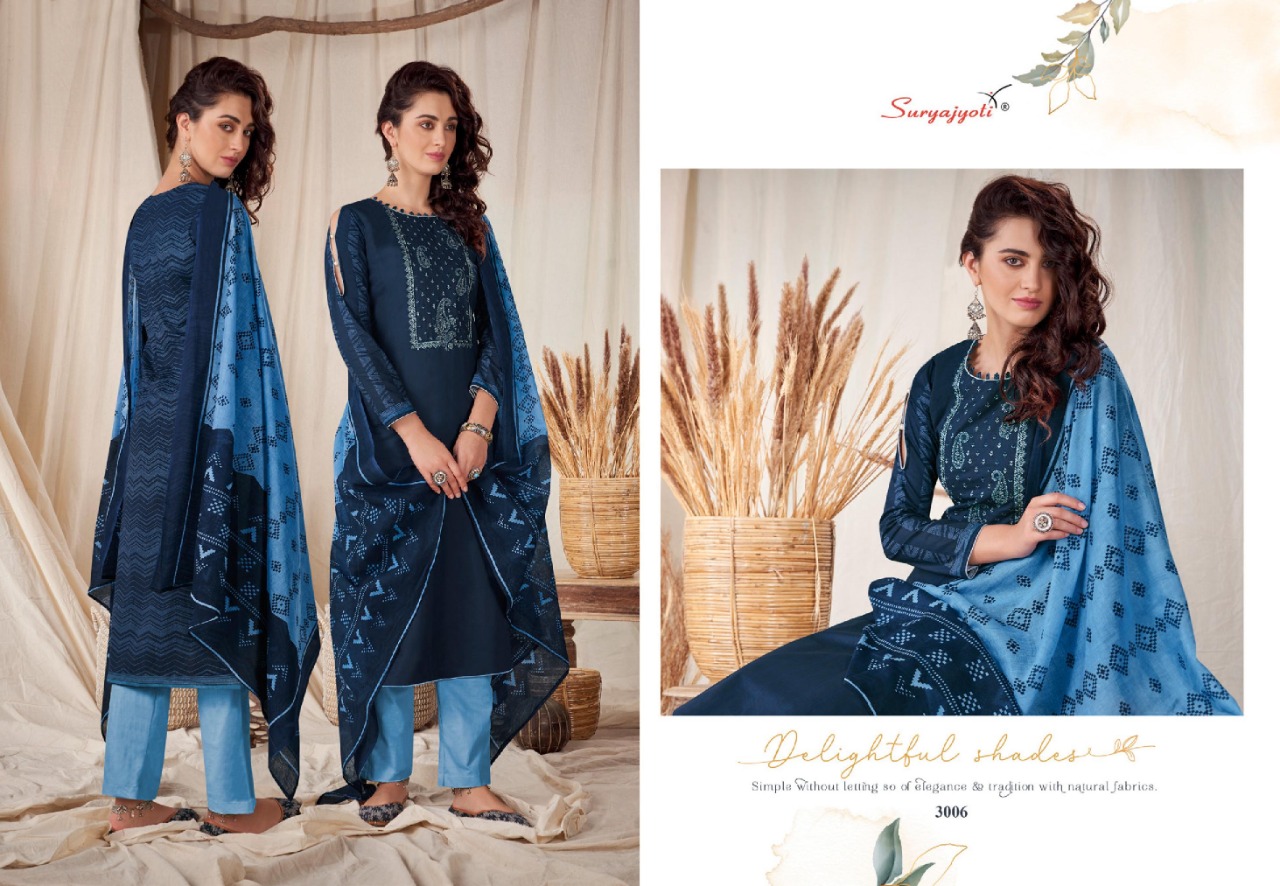 Suryajyoti Presents Noreen 3 Collection Of Front Neck Embroidered Pure Cotton Dress Materials