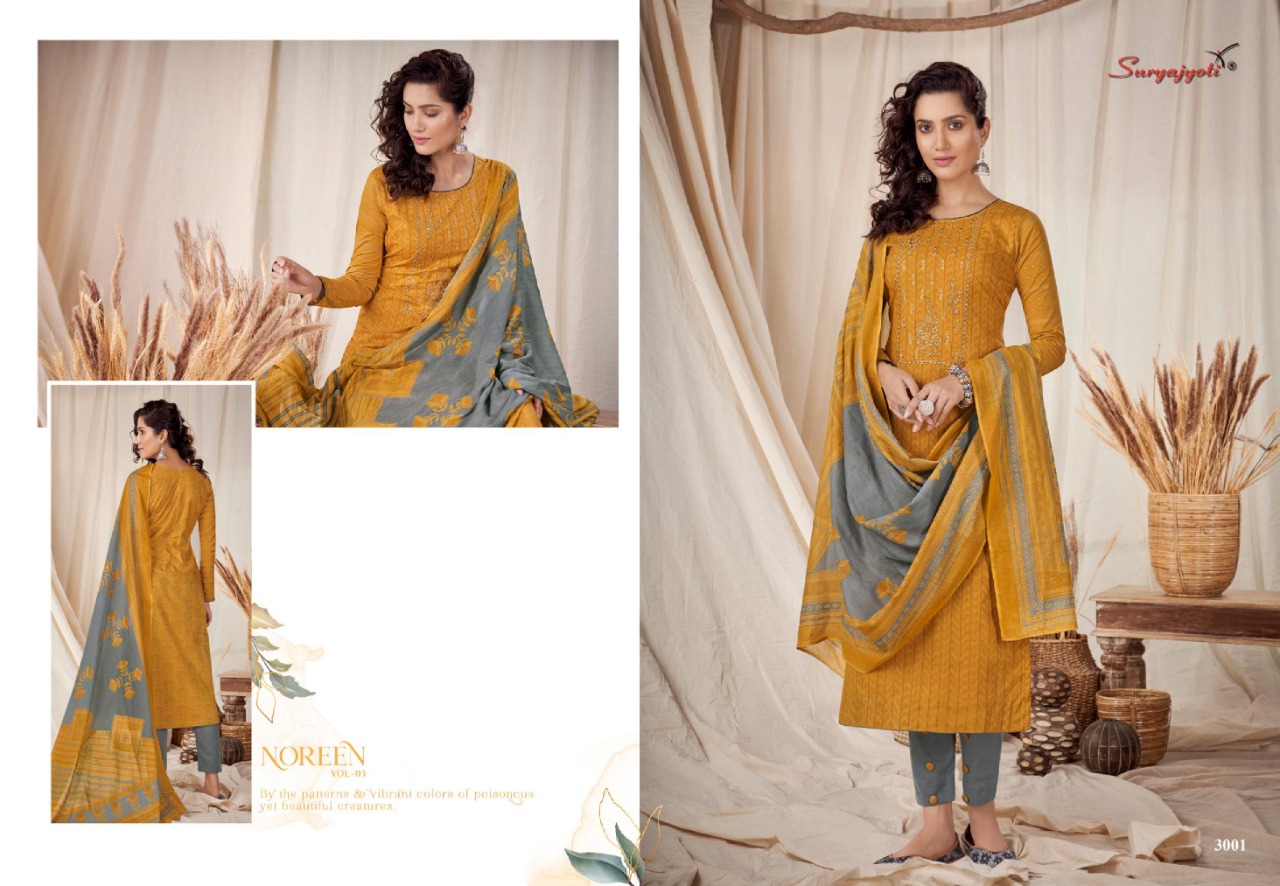 Suryajyoti Presents Noreen 3 Collection Of Front Neck Embroidered Pure Cotton Dress Materials
