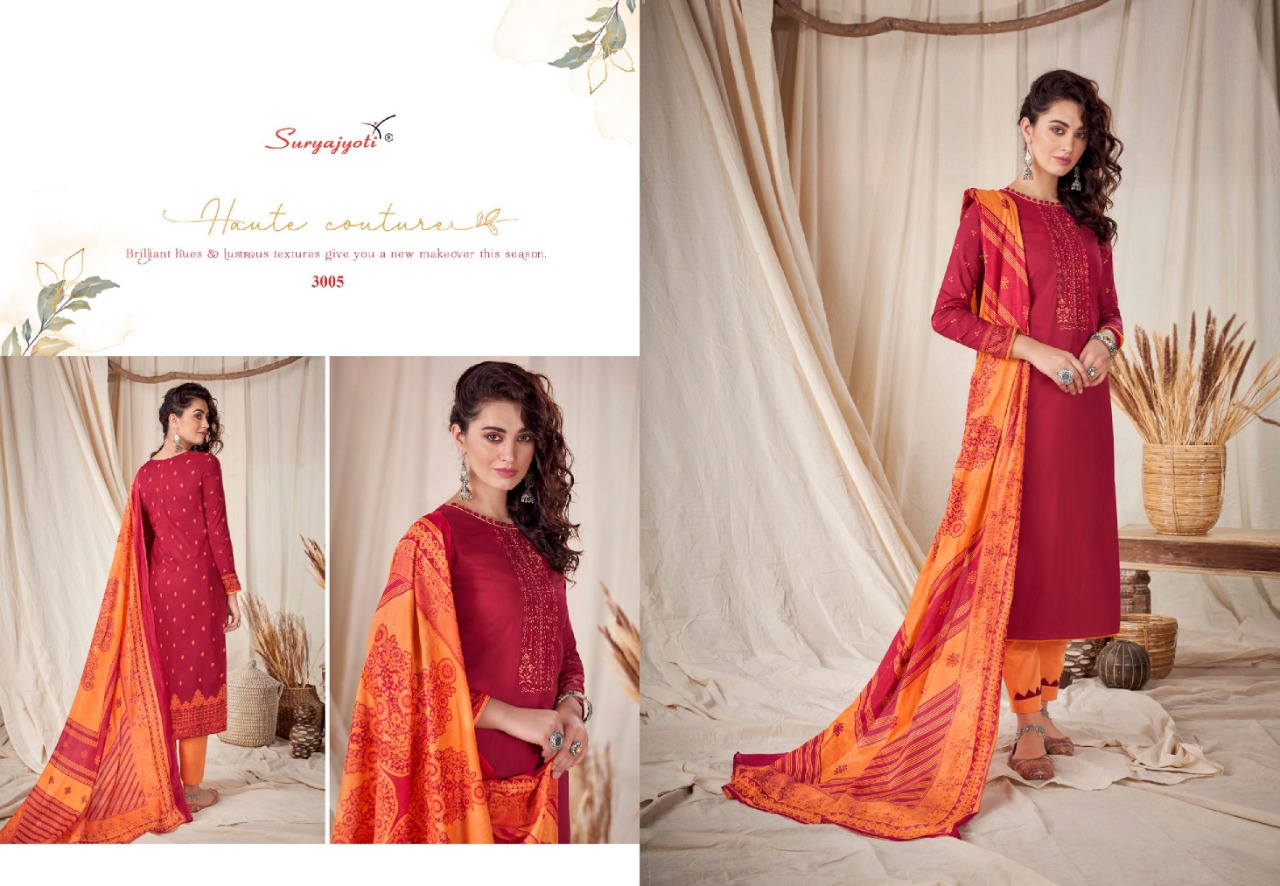 Suryajyoti Presents Noreen 3 Collection Of Front Neck Embroidered Pure Cotton Dress Materials