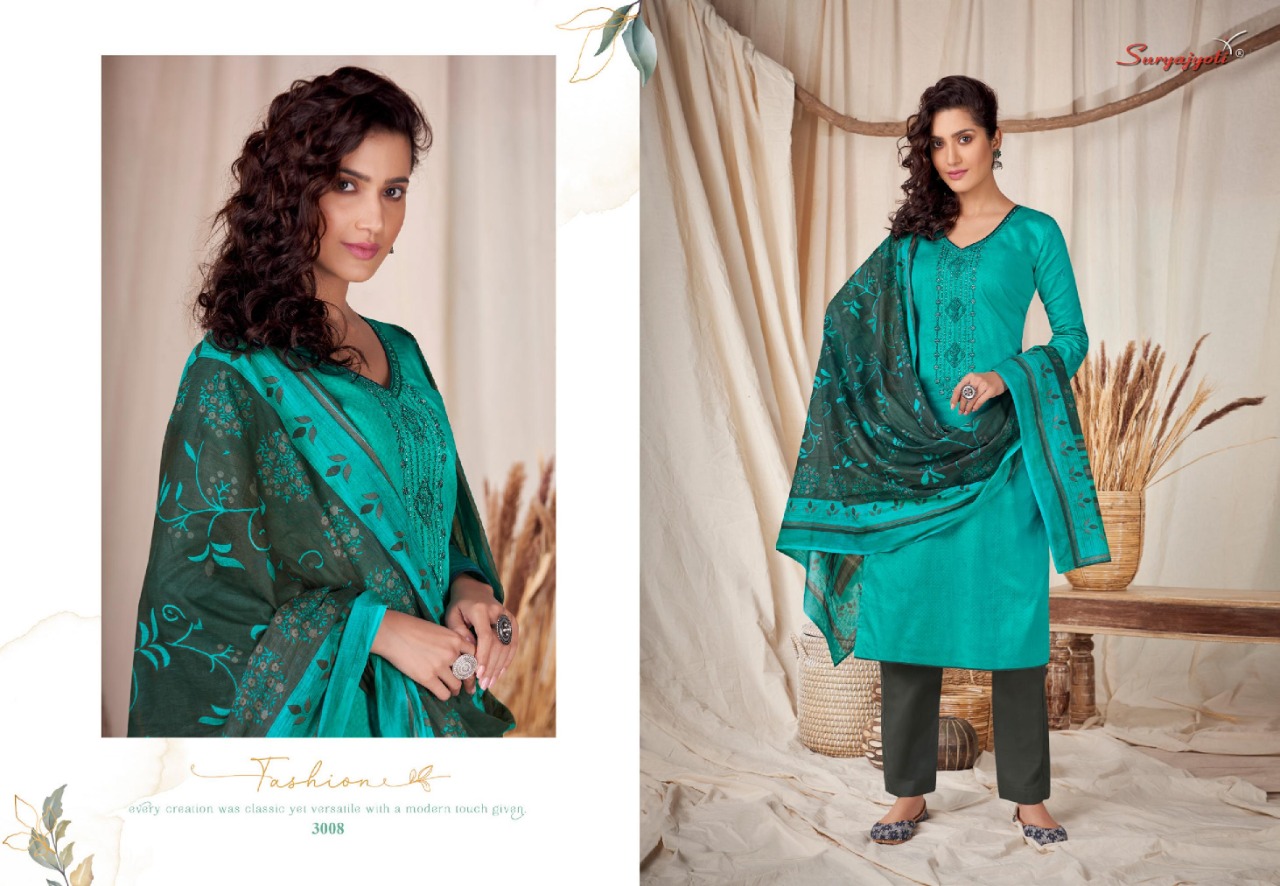 Suryajyoti Presents Noreen 3 Collection Of Front Neck Embroidered Pure Cotton Dress Materials