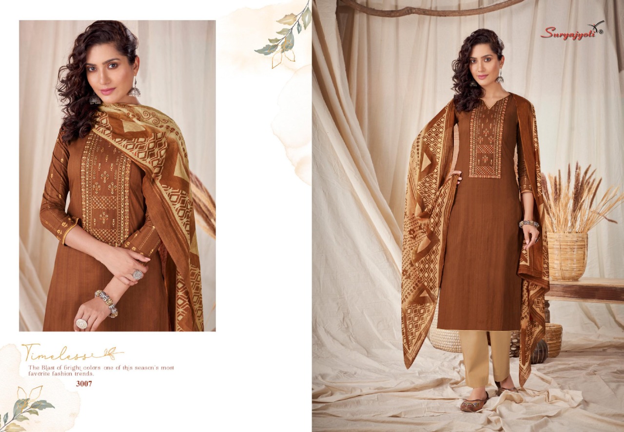 Suryajyoti Presents Noreen 3 Collection Of Front Neck Embroidered Pure Cotton Dress Materials