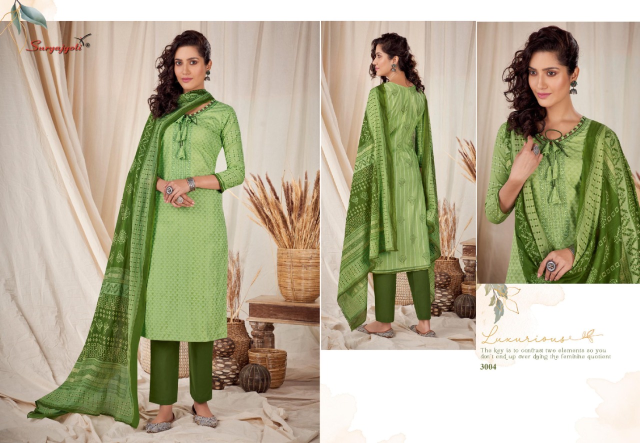 Suryajyoti Presents Noreen 3 Collection Of Front Neck Embroidered Pure Cotton Dress Materials