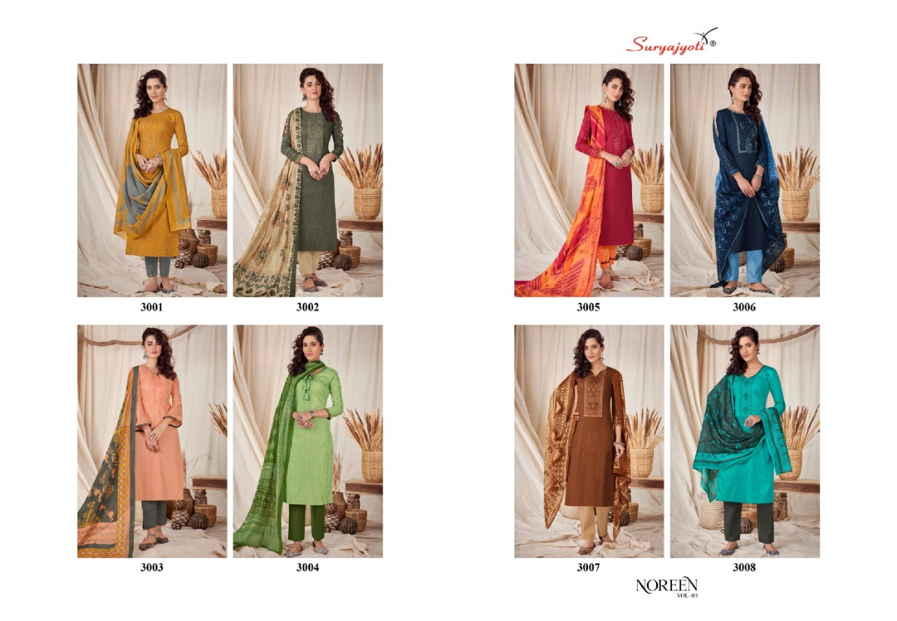 Suryajyoti Presents Noreen 3 Collection Of Front Neck Embroidered Pure Cotton Dress Materials